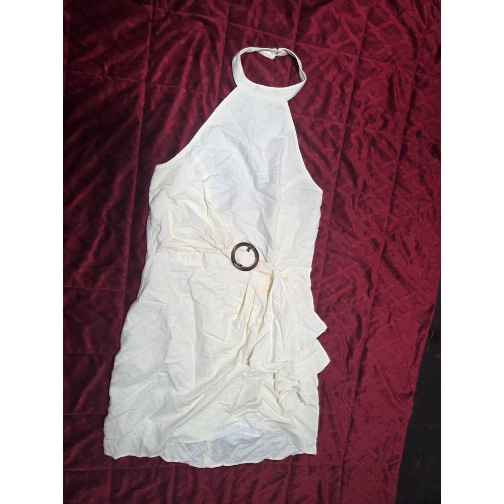 Off White Halter Cocktail Dress for Women Buckled Strap Asymmetric Hem Dresses
